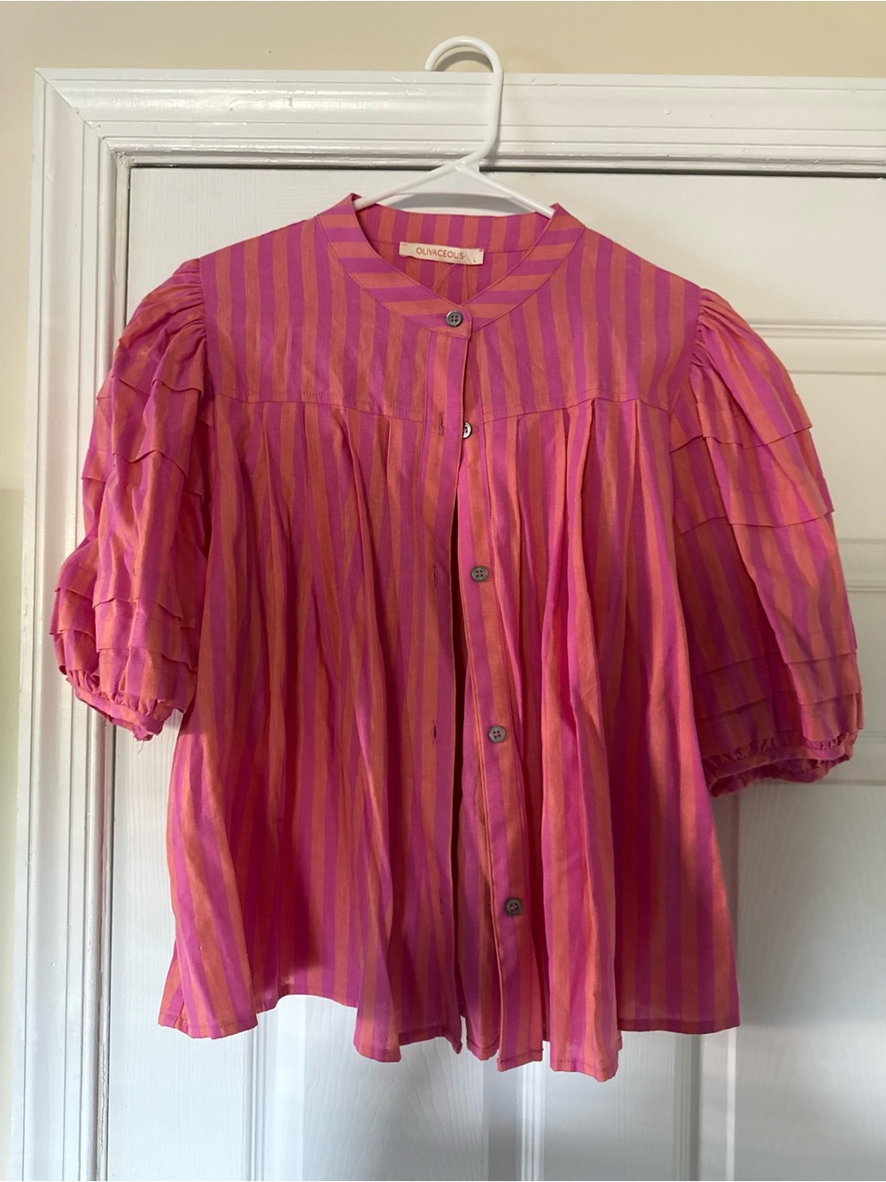 Olivaceous Pink and Orange Striped Puff Sleeve Button-Up Top
